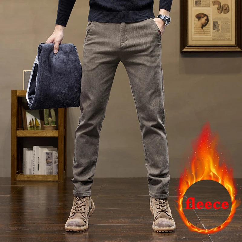 Warm Fleece Pants Winter Man Cowboy Man Thermal Fleece Lined Korean Fashion Slim Thicken Plush Wool Boot Cut Jeans Men