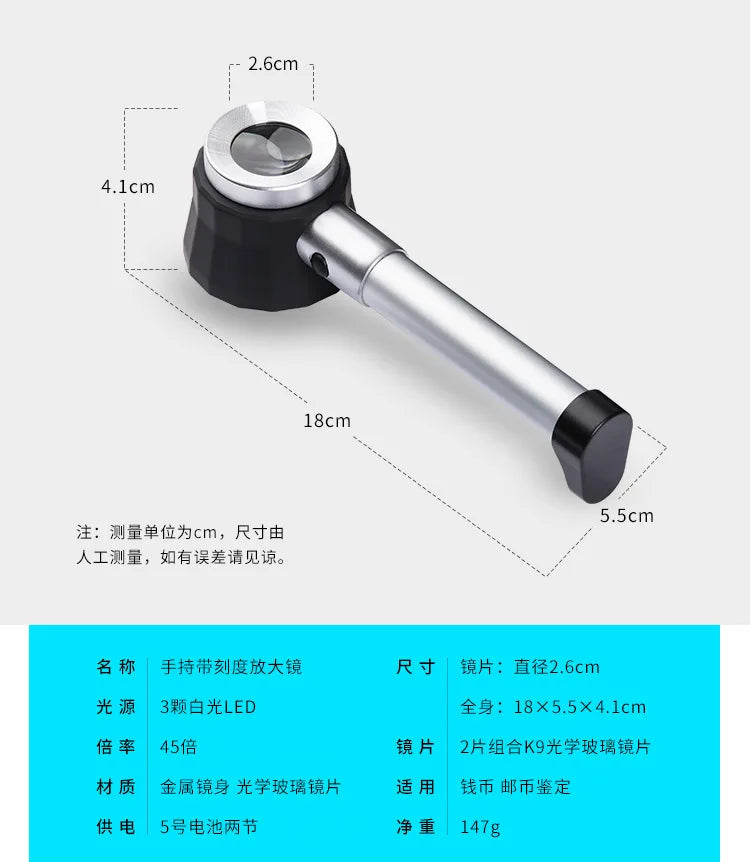 Magnifier 45X dermatoscope handle smooth clear vision with measure Scale 45X type B bigger vision with UV light