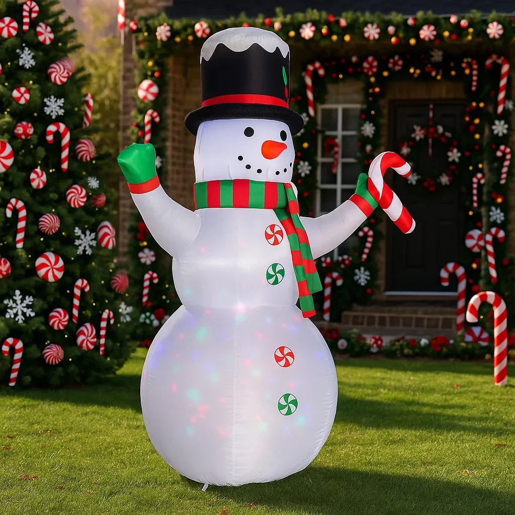 2.4M/7.8FT Inflatable Christmas Snowman with Candy Cane Lights LED Home Holiday Lighting Decoration Yard Xmas Ornaments Supplies