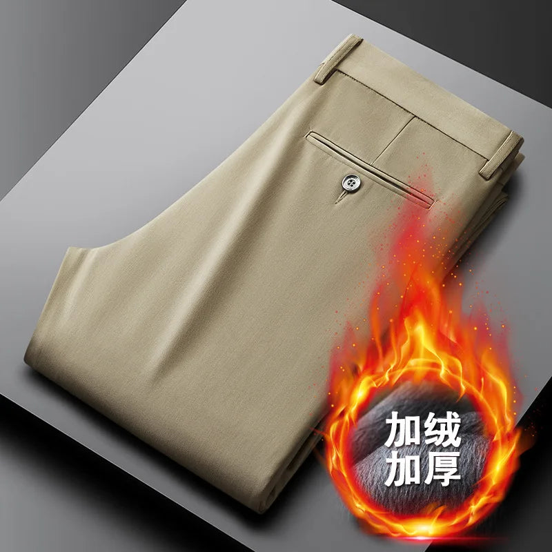 Warm Fleece Suit Pants Men Clothing Straight Regular Black Thick Winter Trousers For Men Business Formal Dress Casual Pants