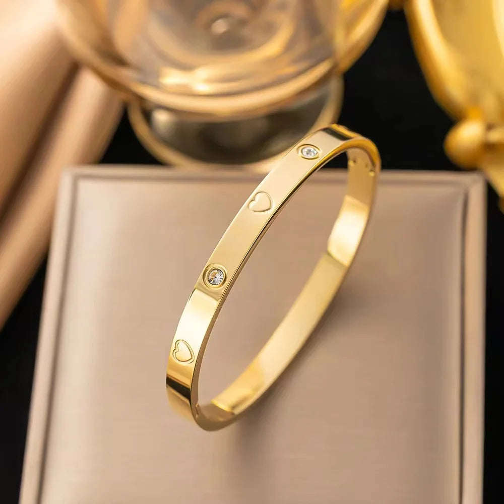 Trendy Shining Zircon Bracelets For Women Clover Print Love Pulseiras Stainless Steel Bangles Feminina Jewelry Gift - You Offer