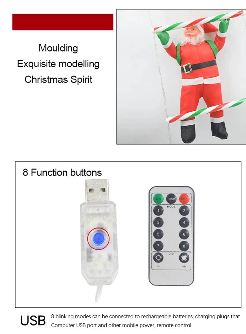 LED Christmas Decorations Fairy lamp Santa Claus Climbing Ladder Light USB Plug 8 Modes for Home Holiday Wall Window Xmas Decor