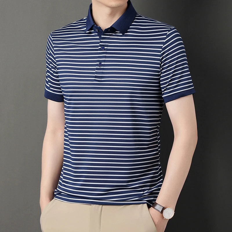 2026 Men's New Striped Cotton Business Casual Short Sleeved POLO Shirt Fashion Short Sleeved Comfortable and Breathable Top