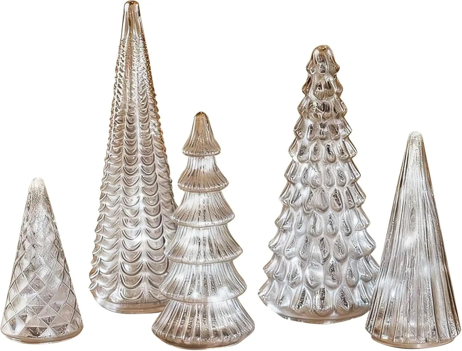 Set of 5 Illuminated Mercury Glass Trees, Upgrade Christmas Trees LED, Gold Tree Figurine for Home Party Mantel Decor Xmas Gift