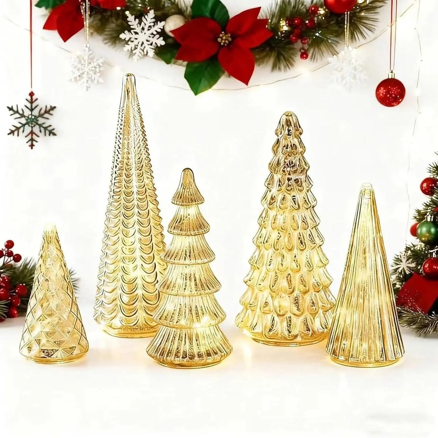 Set of 5 Illuminated Mercury Glass Trees, Upgrade Christmas Trees LED, Gold Tree Figurine for Home Party Mantel Decor Xmas Gift