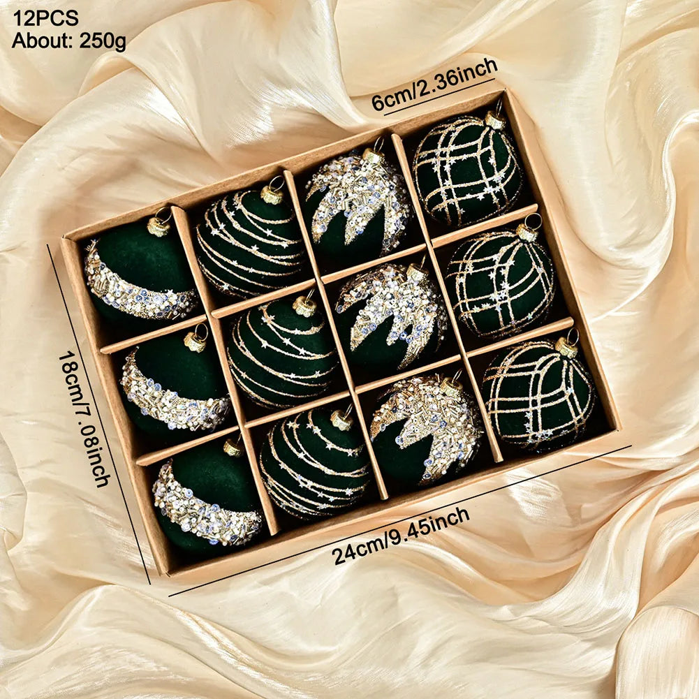 6CM 12PCS Premium Flocking Velvet Diamond Sequin Christmas Ball Window Hanging Home Christmas Decoration