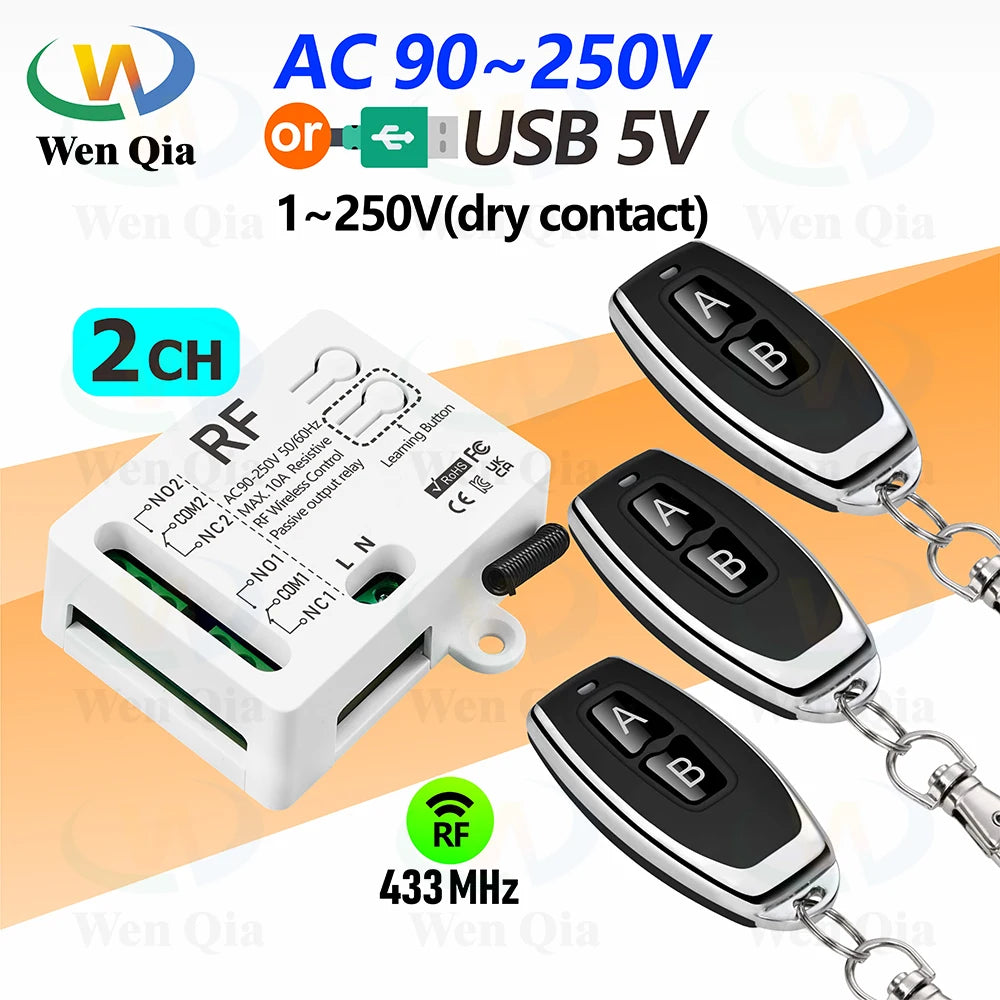 433MHz Universal Wireless Remote Control Switch 2 CH,AC 110V 220V RF Relay Receiver,for Light/Fan/Motor/Garage Door Opener etc