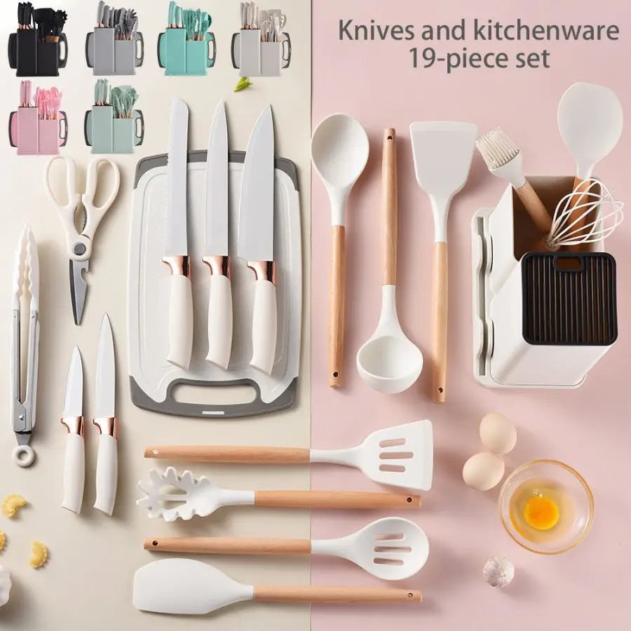 19pcs Food Grade Silicone Brodark Kitchenware Set, Cooking Spoon, Shovel, Cutting Board, Fruit Knife, Chef Knife, Combination Se - You Offer