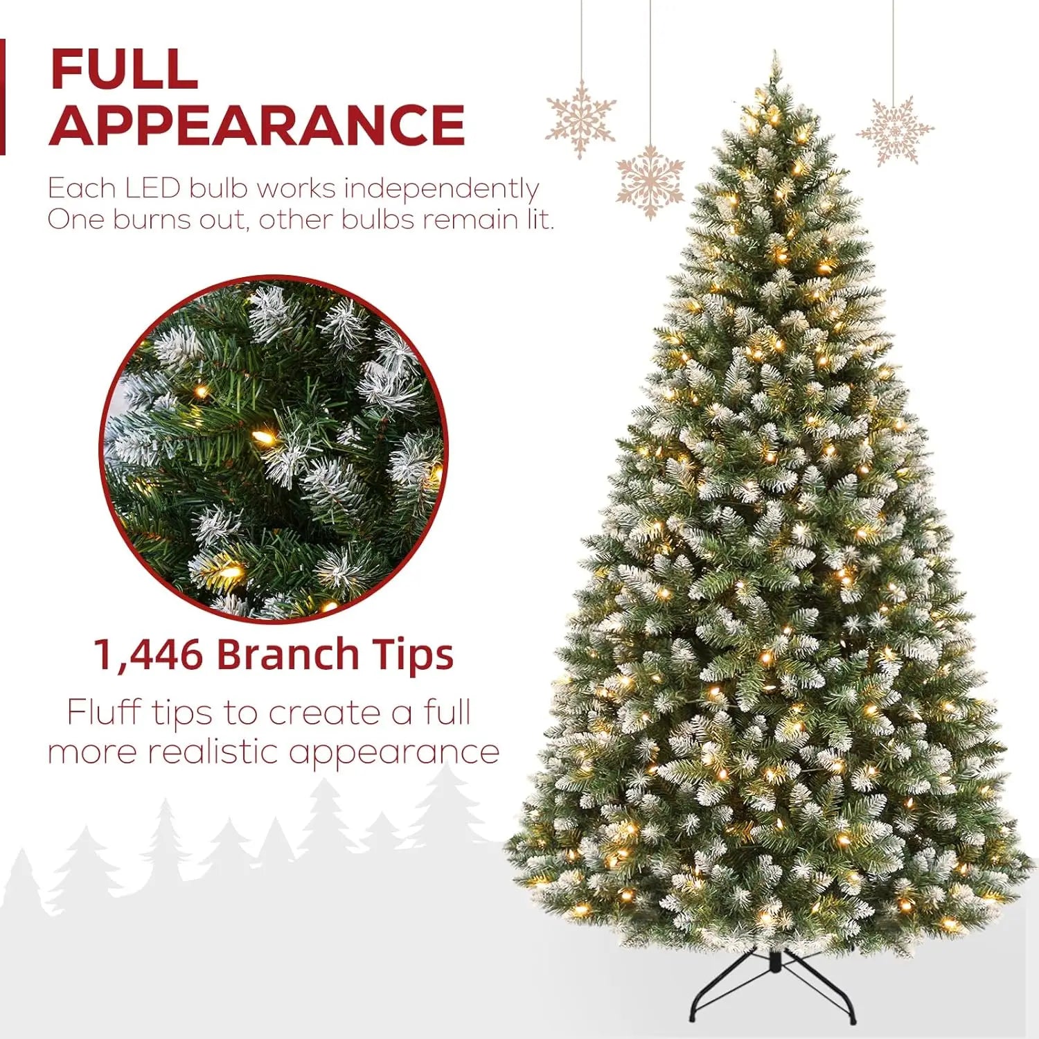 7.5 ft Prelit Christmas Tree, 350 Warm White Lights, 1446 Branch Tips, Metal Stand