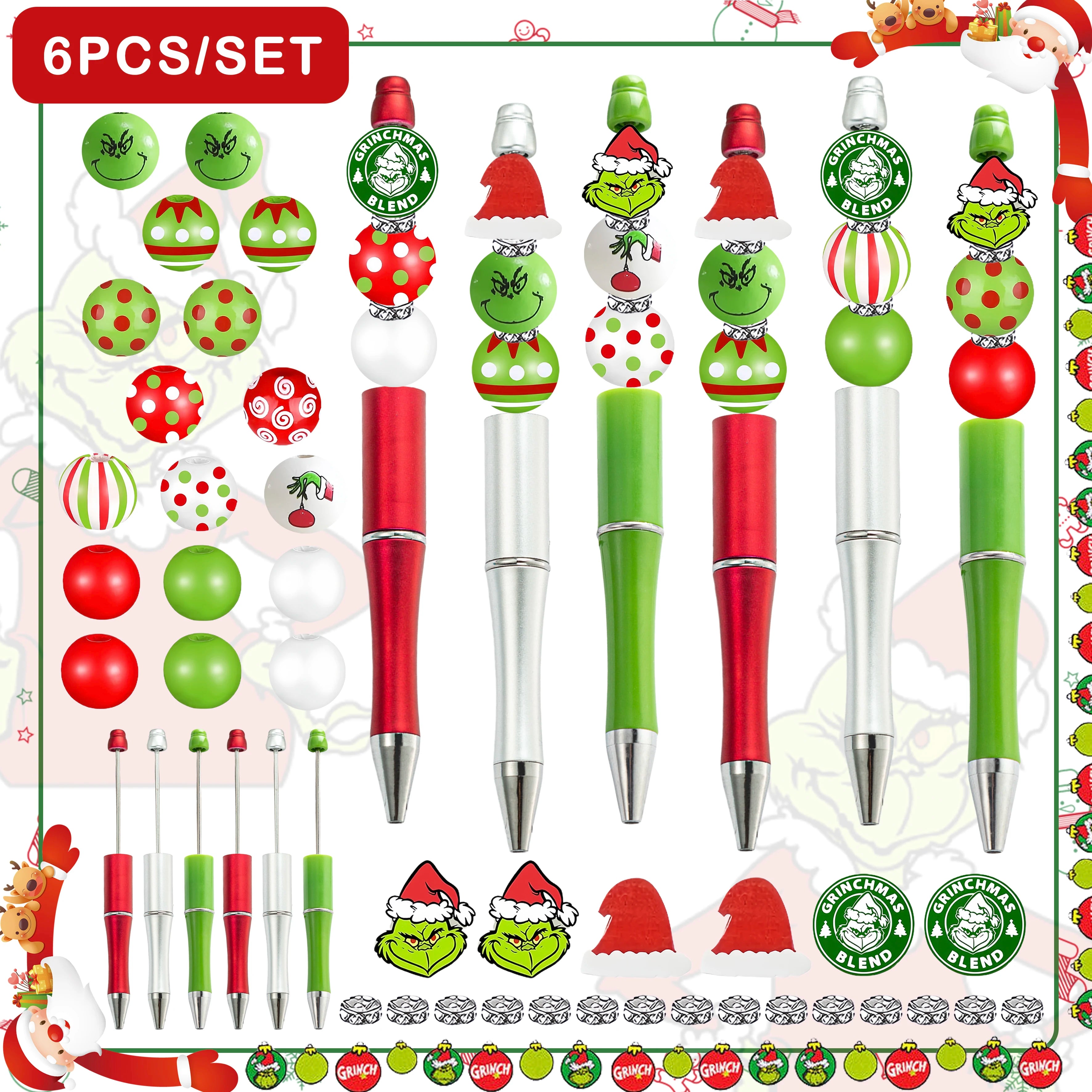 6PCS Christmas Grinch Theme Creative DIY Bead Pen Set, Office and Study Supplies Birthday Gift