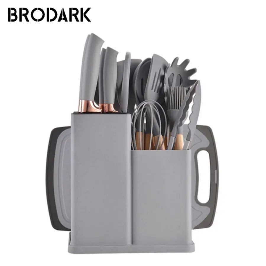19pcs Food Grade Silicone Brodark Kitchenware Set, Cooking Spoon, Shovel, Cutting Board, Fruit Knife, Chef Knife, Combination Se - You Offer