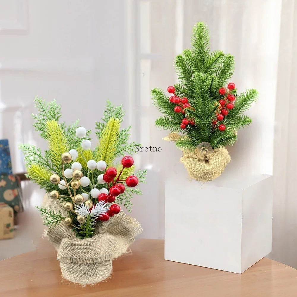 SRETNO Mini Christmas Trees Desktop Ornament Red Fruit Pine Pagoda Artificial Plants Christmas Decorations Arbolitos De Navidad