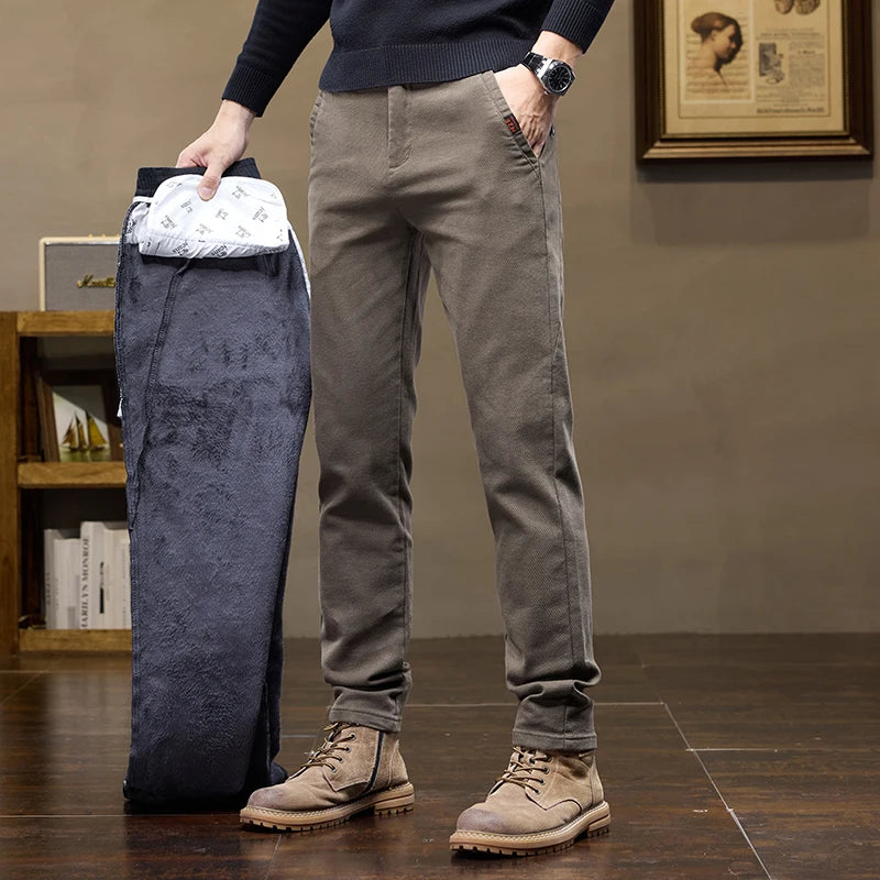 Warm Fleece Pants Winter Man Cowboy Man Thermal Fleece Lined Korean Fashion Slim Thicken Plush Wool Boot Cut Jeans Men