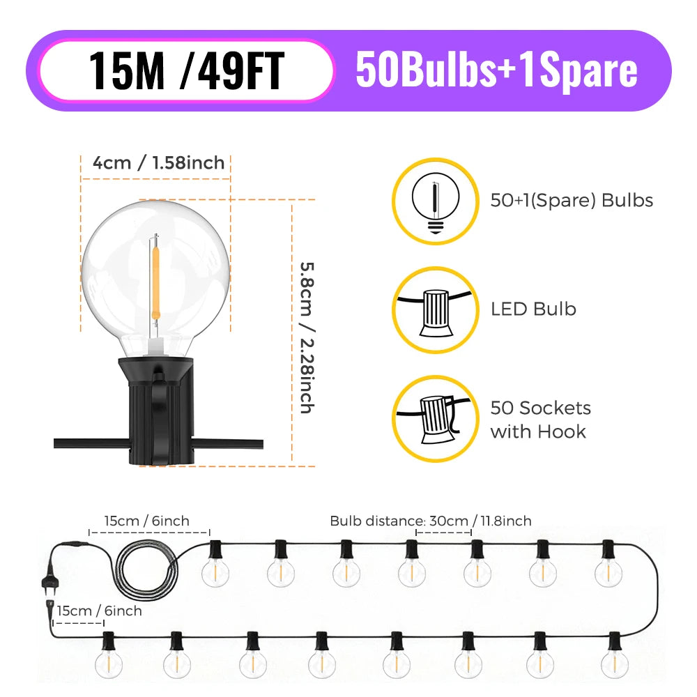 30M/15M/9M LED G40 Globe String Lights Outdoor, Plastic IP65 Waterproof Bulbs For Christmas Party Garden Decorative Garland Lamp
