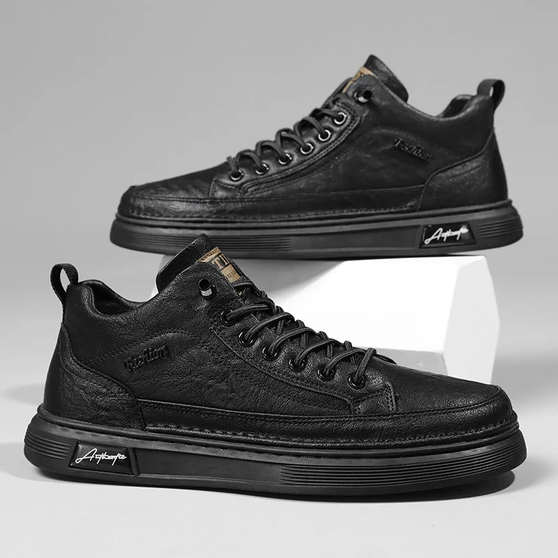 British Leather Men's Casual Shoes Breathable Trendy Handmade Shoes Platform Breathable Shoes Male Walking Shoes Men Black Shoes