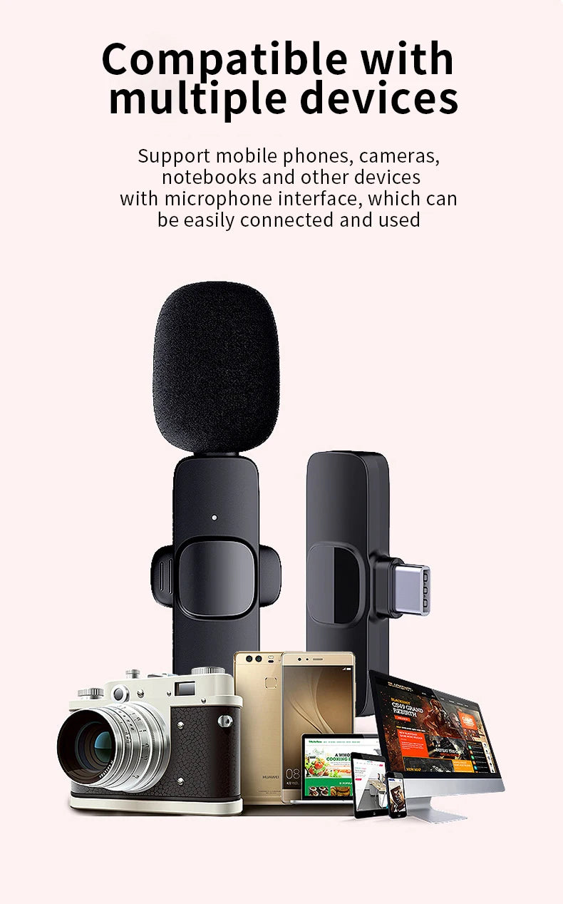 New Wireless Lavalier Microphone 2in1 Portable Audio Video Recording Mini Mic for iPhone Android Live Broadcast Gaming Phone Mic
