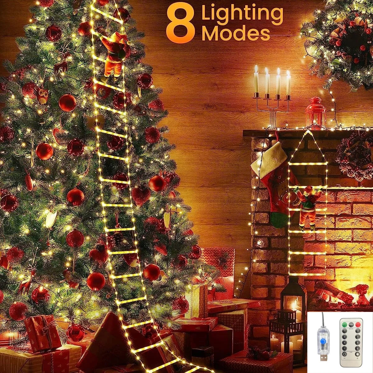 1PC 2M/3M 8-mode USB Santa Claus ladder light, suitable for indoor and outdoor Christmas parties, gardens, home wall decoration