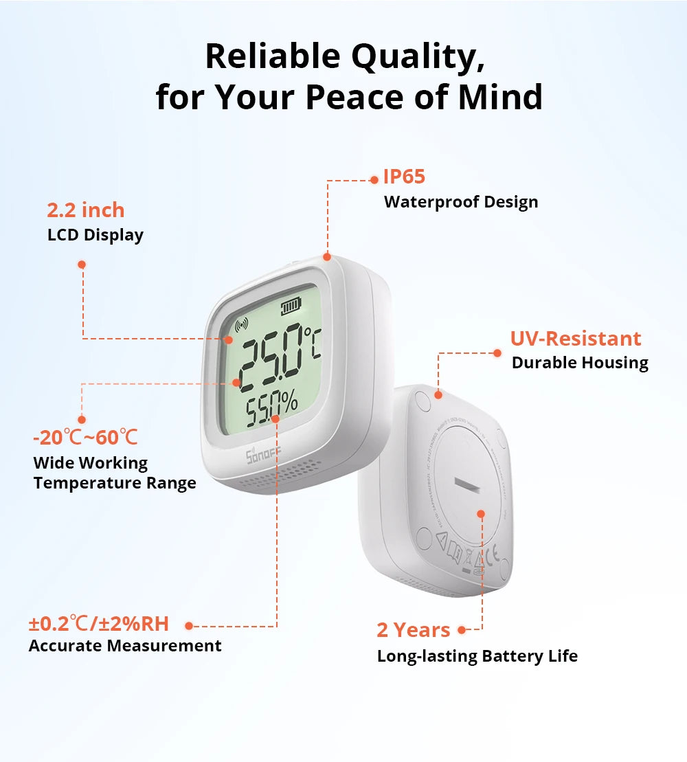 SONOFF SNZB-02WD Zigbee LCD Smart Temperature Humidity Sensor IP65 Waterproof for Bathroom Greenhouse Outside via ZBBridge-P