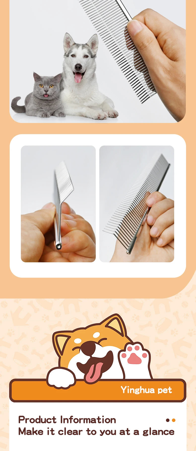 Pet grooming comb with curved hook, deep hair picking and fluffy texture, pet trainer beauty, curved teeth comb