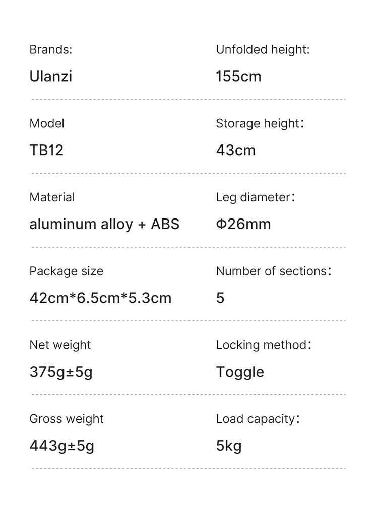 Ulanzi TB12 Monopod Extendable Camera Tripod Load 5kg 155cm/61”  Phone Selfie Stick 1/4" Mount for Sony Canon Nikon Camera DSLR