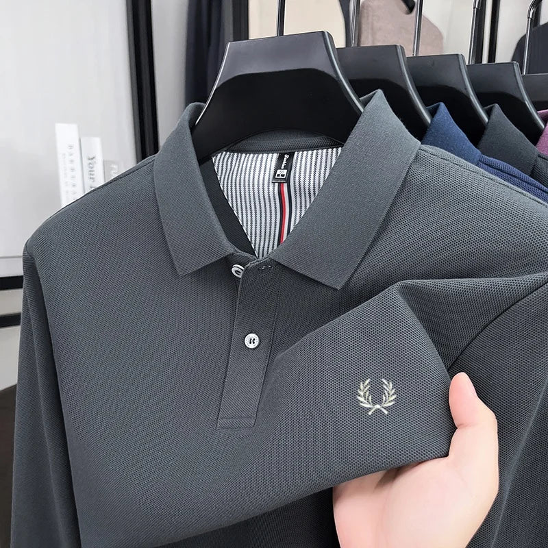 100% pure cotton autumn and winter highend men POLO shirt fashion brand embroidered wheat business casual lapel long sleeved top