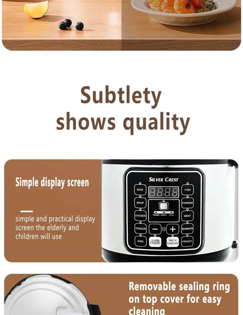 Electric Pressure Cooker 6L Large Capacity Household Multifunctional Electric Rice Cooker Intelligent Booking 3-step Timer Gears - You Offer