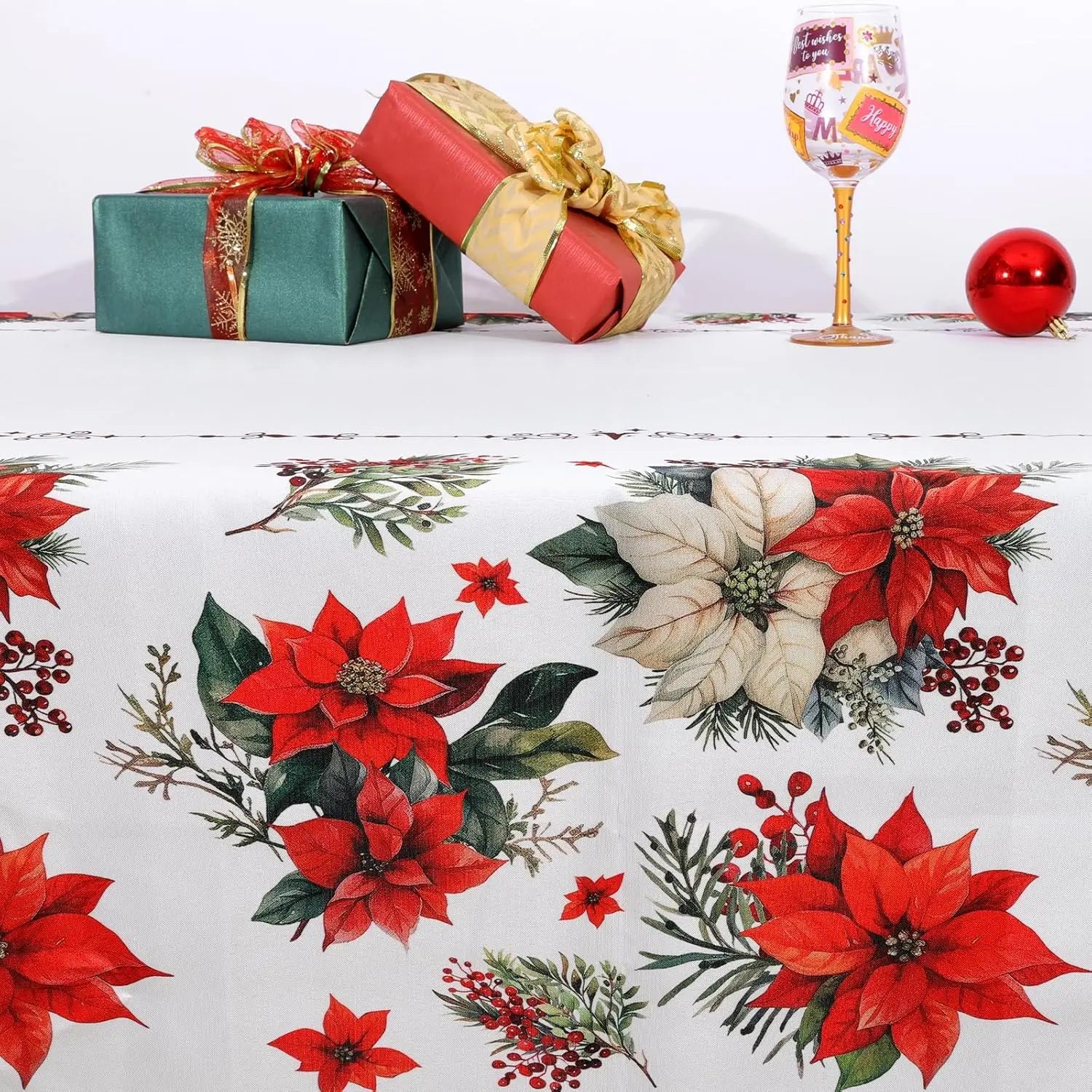Christmas Poinsettia Waterproof Tablecloth New Year Party Decor Washable Rectangle Tablecloth Wedding Table Navidad Decorations