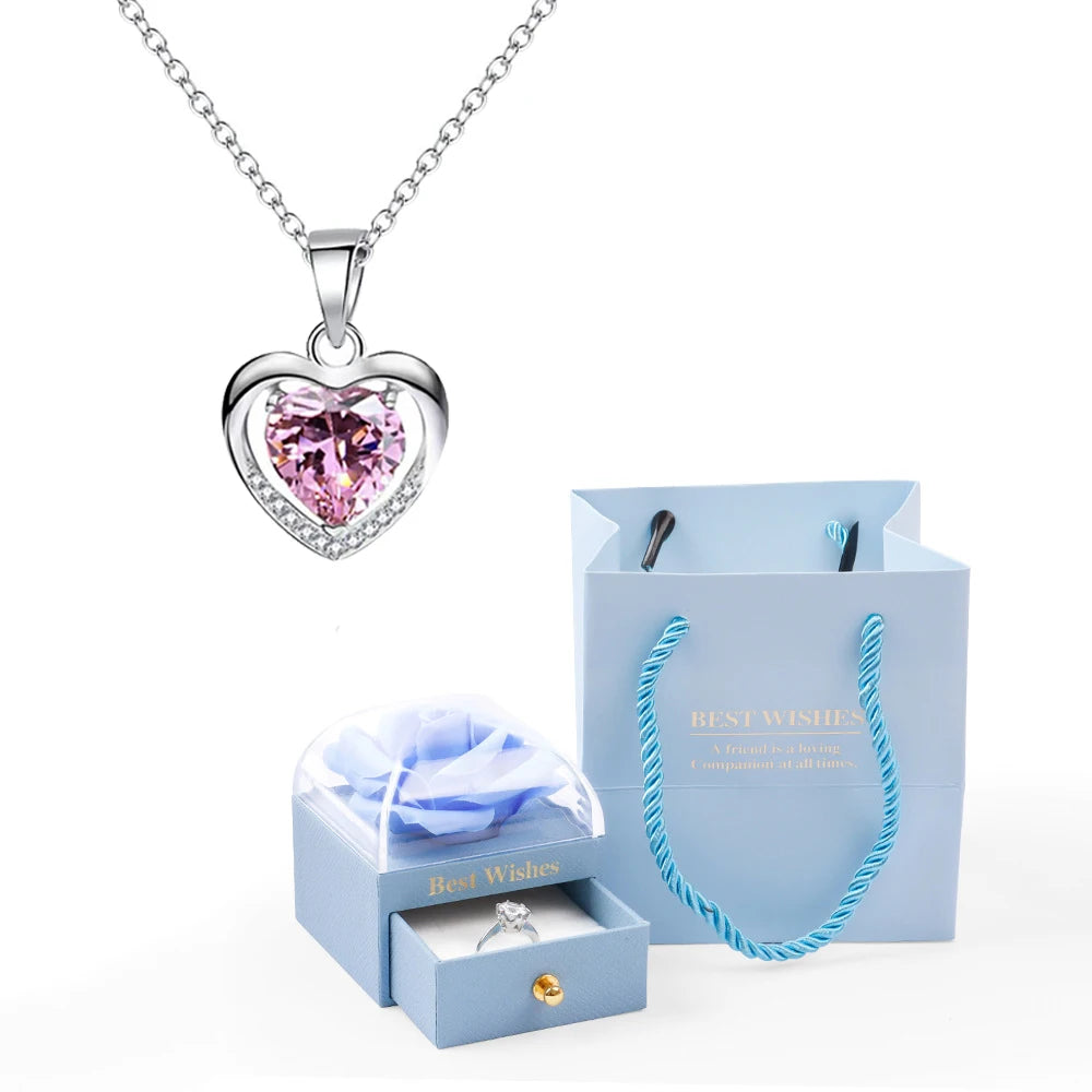 Heart Pendant Necklaces For Women With Rose Flower Gift Box Girlfriend Mother Family Birthday Fashion Romantic Surprise Gifts - You Offer