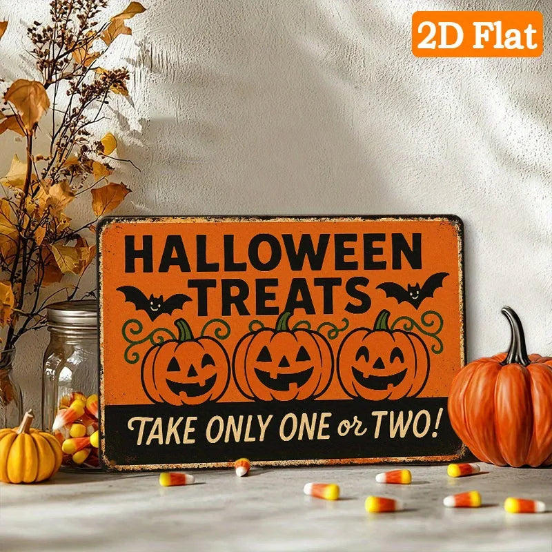 Halloween Treats Rule Metal Sign - Funny Halloween Decorations with Pumpkin, Bat, Candy Corn - "Take Only One or Two" Trick-or