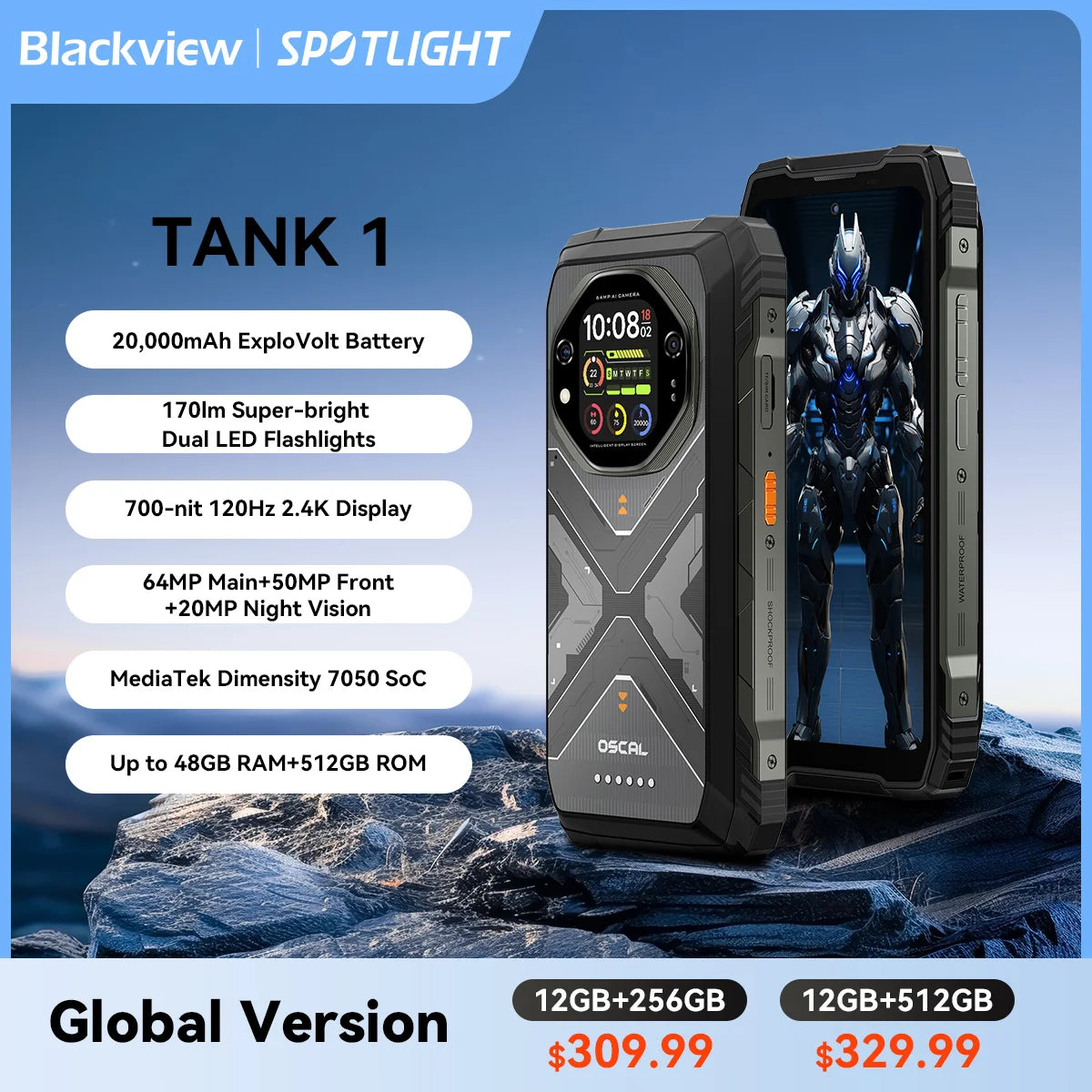 Blackview OSCAL TANK 1 Outdoor 5G Rugged Smartphone,20000mAh Battery, 6.78" 120Hz FHD+ Display, 16GB+512GB, 64MP+50MP Camera