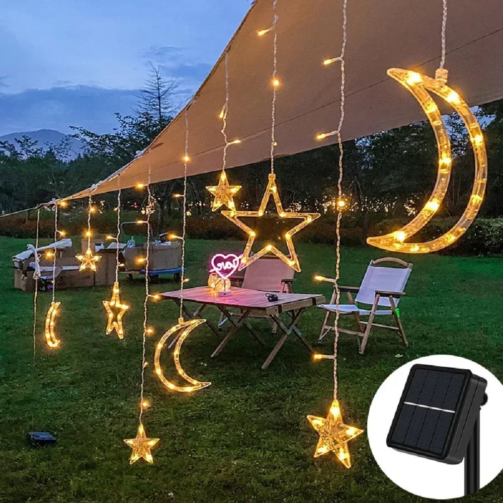 Star Moon Solar Battery String Lights 8Mode Outdoor Christmas Garland LED Fairy Light for Ramadan Festoon Wedding New Year Decor