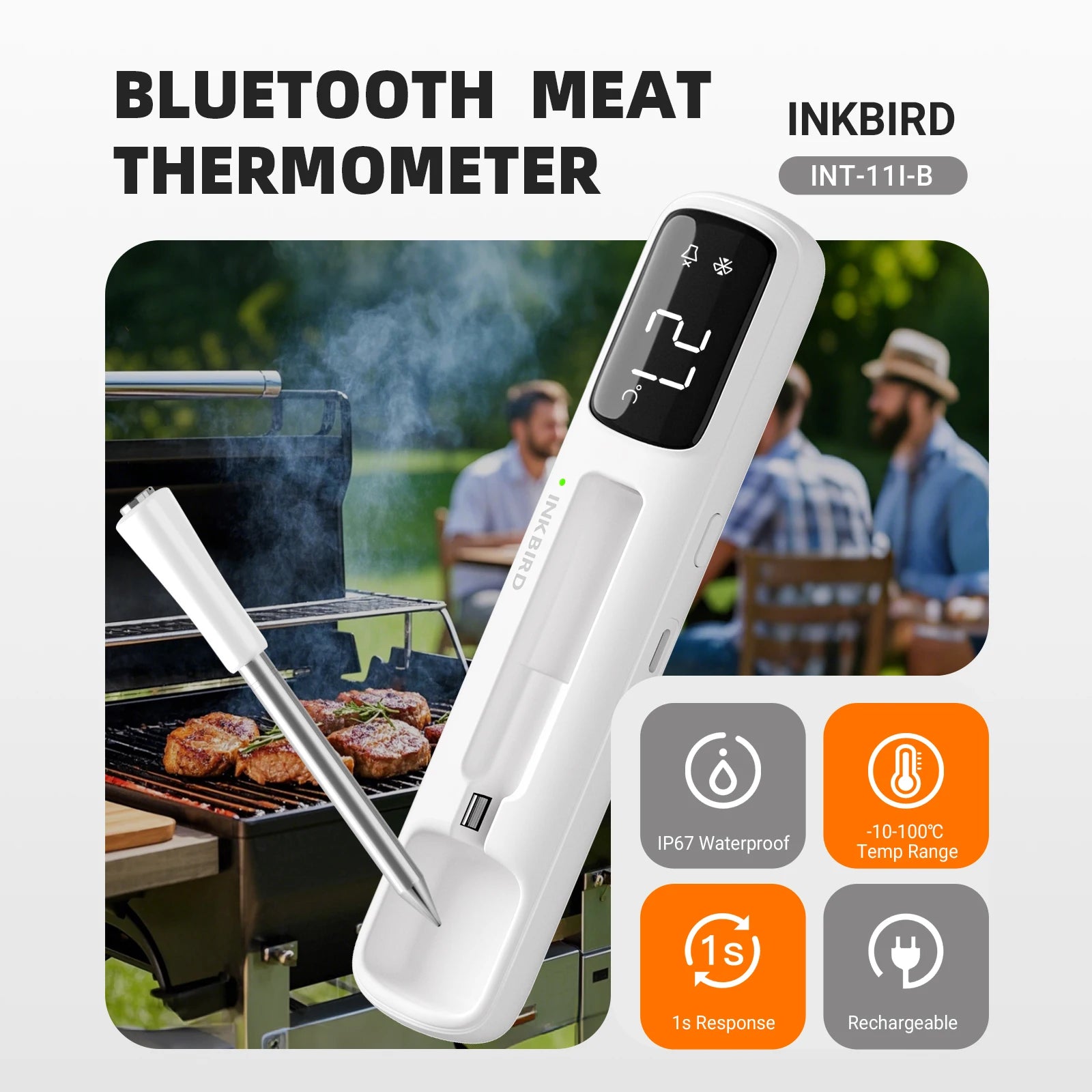 INKBIRD INT-11I-B Wireless Meat Thermometer, Bluetooth 5.4 1000ft,1s Response, IP67, 26 Presets, LED Display,for BBQ/Grill/Party