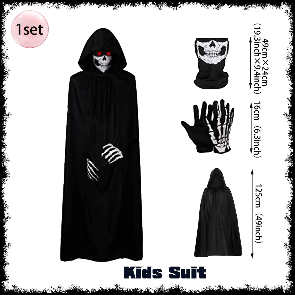 Horror Halloween Grim Reaper Hooded Cloak Skull Scarf Night Glow Gloves Ghost Head Scythe Adult Kids Scary Halloween Decorations