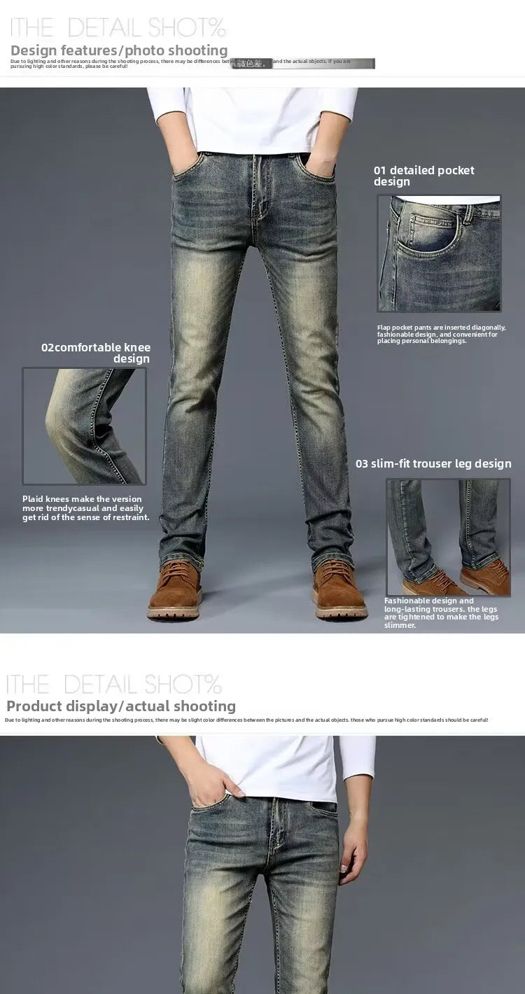 High-End Retro Men's Slim Fit Straight Leg Stretchy Faionable Jeans Spring Autumn Long Trousers Cotton Stretch Denim mid Wa...