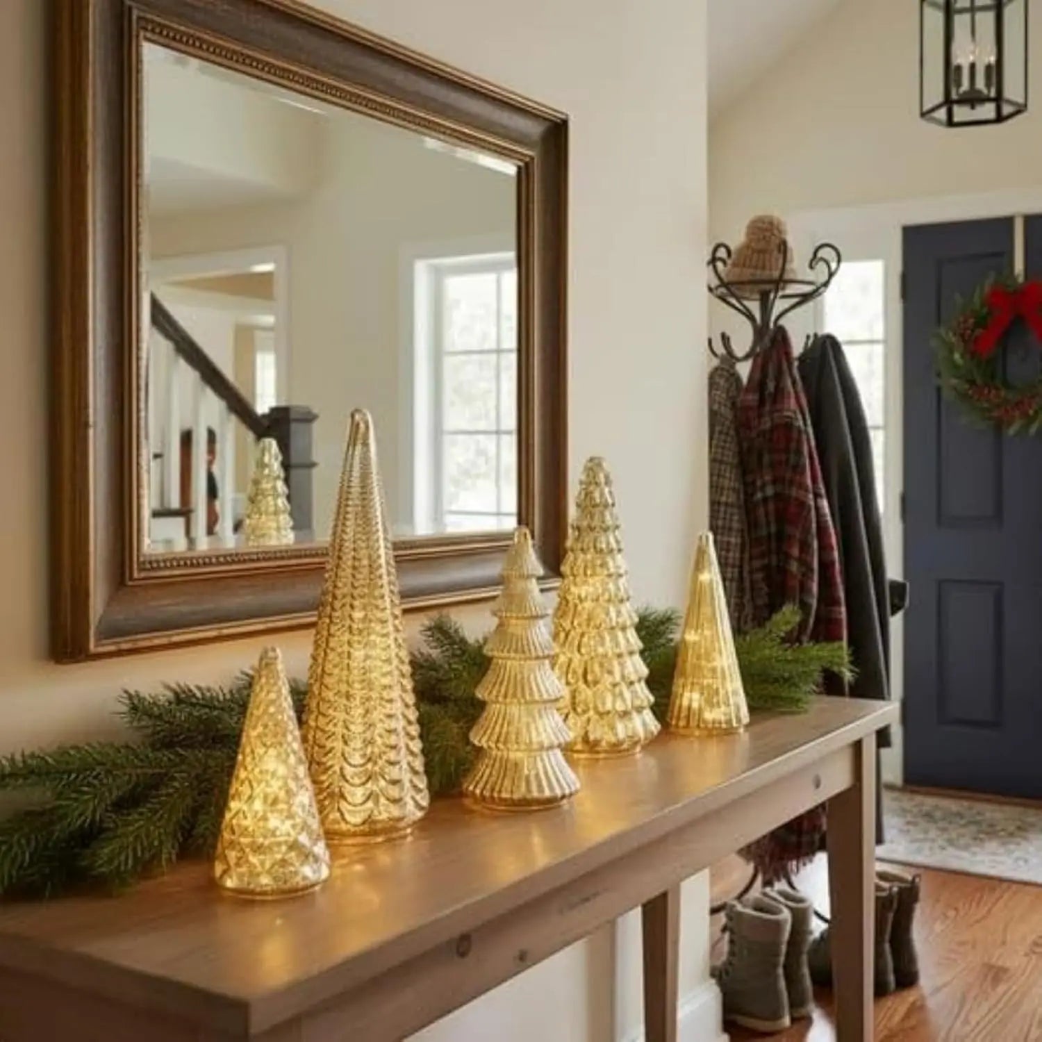 Set of 5 Illuminated Mercury Glass Trees, Upgrade Christmas Trees LED, Gold Tree Figurine for Home Party Mantel Decor Xmas Gift