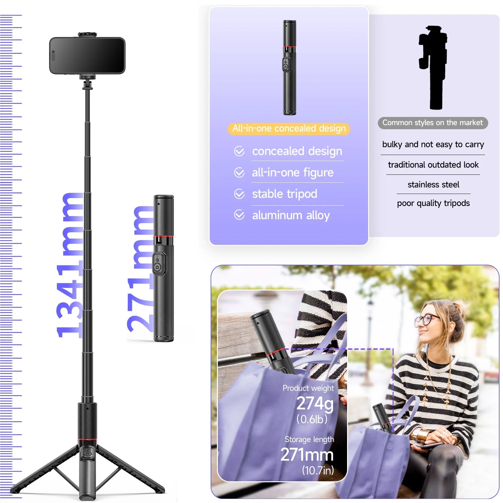 Selfie Stick for iPhone Phone 52" Wireless Selfie Stick Tripod Stand with Remote for Cellphone Video Recording Travel Vlog