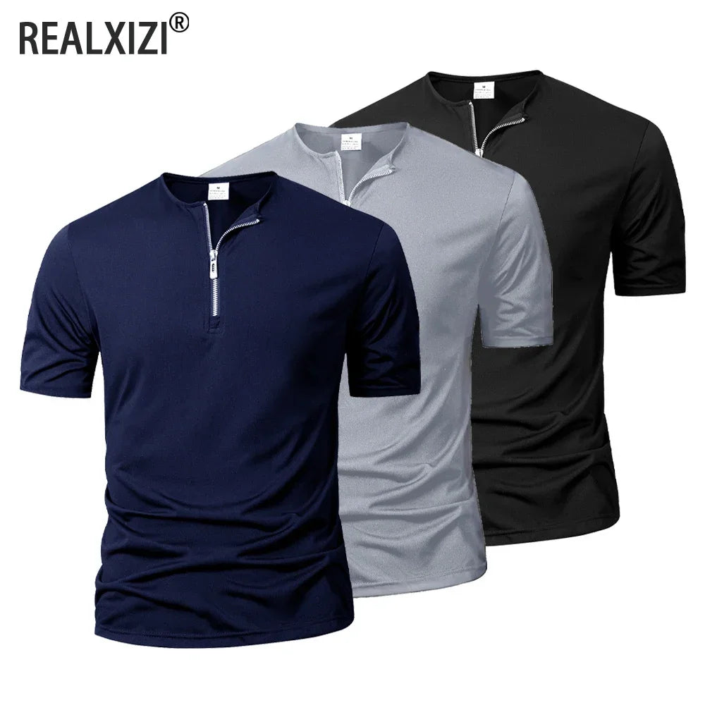 Summer Men's Solid Color T-shirt Short Sleeve Zipper Collar T Shirt Relaxed Breathable Casual Street Wear New Men's Top
