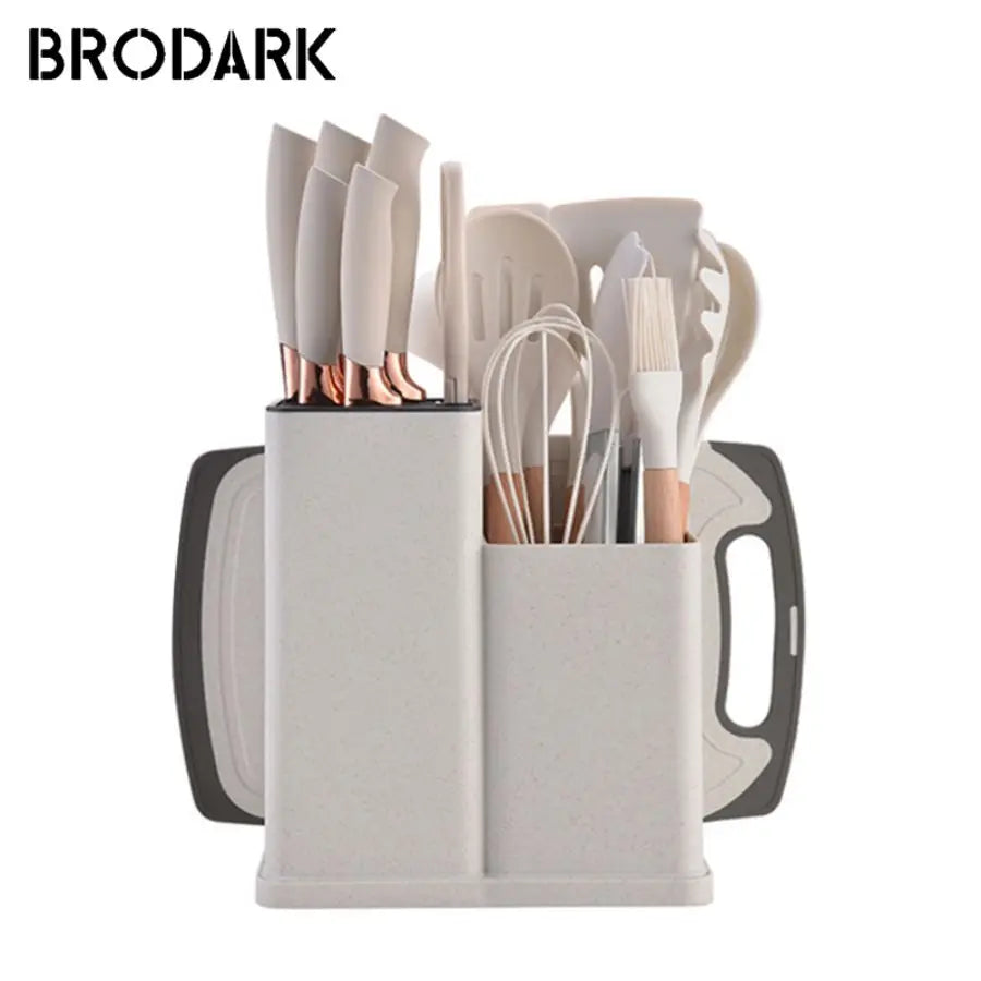 19pcs Food Grade Silicone Brodark Kitchenware Set, Cooking Spoon, Shovel, Cutting Board, Fruit Knife, Chef Knife, Combination Se - You Offer