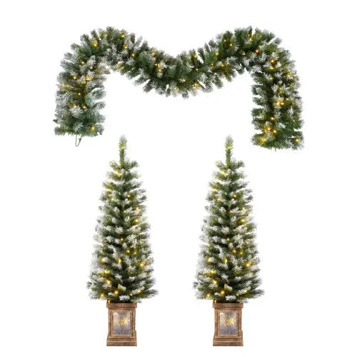 Artificial Christmas 3-Piece Set Wreath and Set of 2 Entrance Trees X-mas with LED Lights Easy Assembly