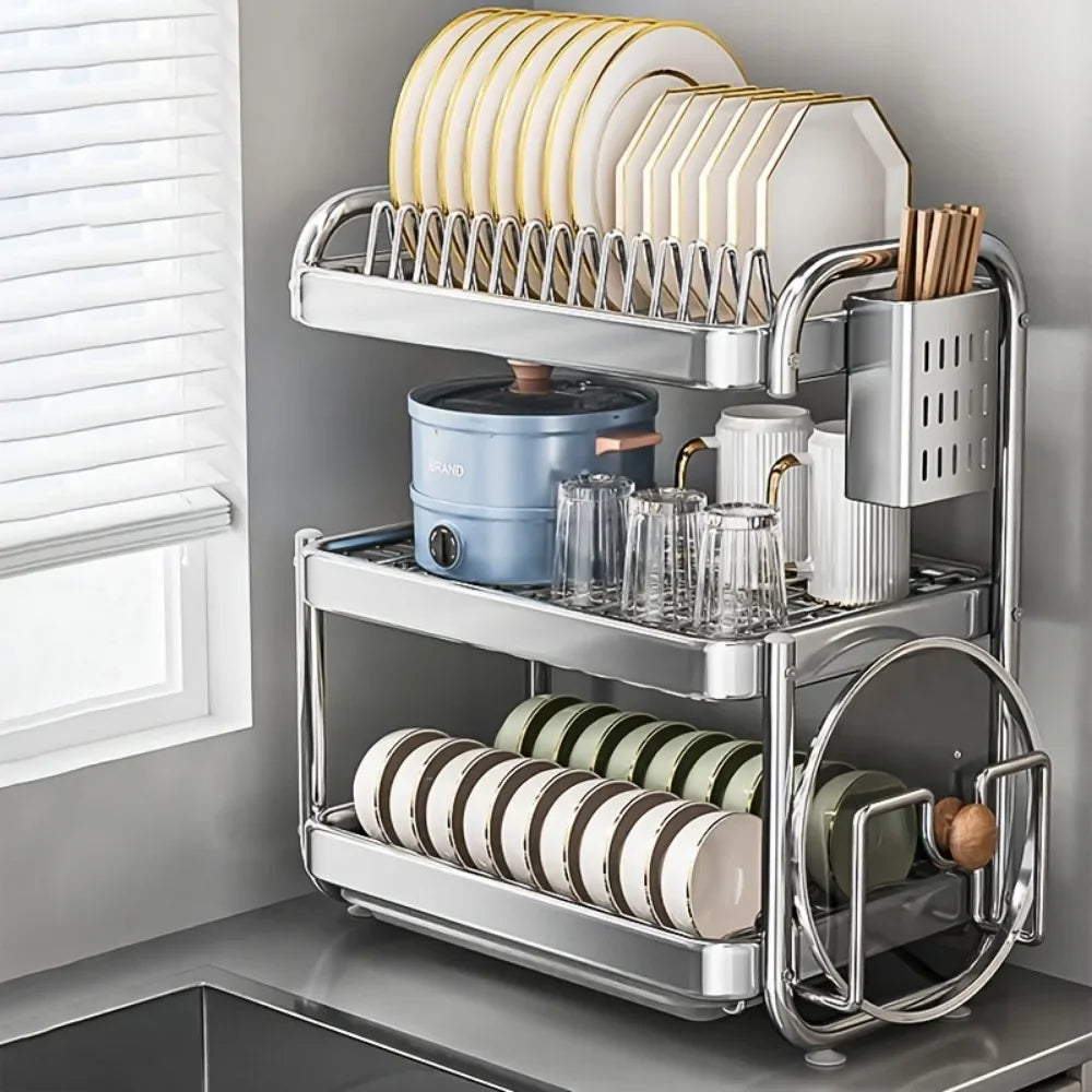 Dish Drying Rack Multifunctional Rustproof Big-capacity Bowl Storage Shelf Stainless Steel Multilayer Spacesaving Draining Shelf
