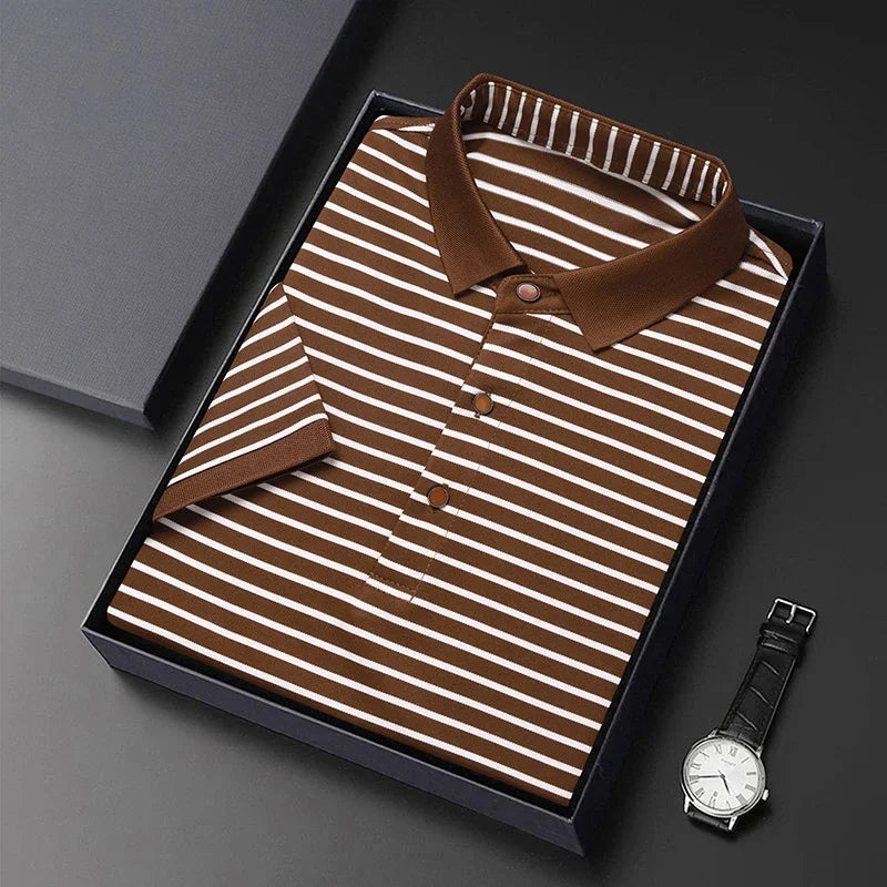 2026 Men's New Striped Cotton Business Casual Short Sleeved POLO Shirt Fashion Short Sleeved Comfortable and Breathable Top