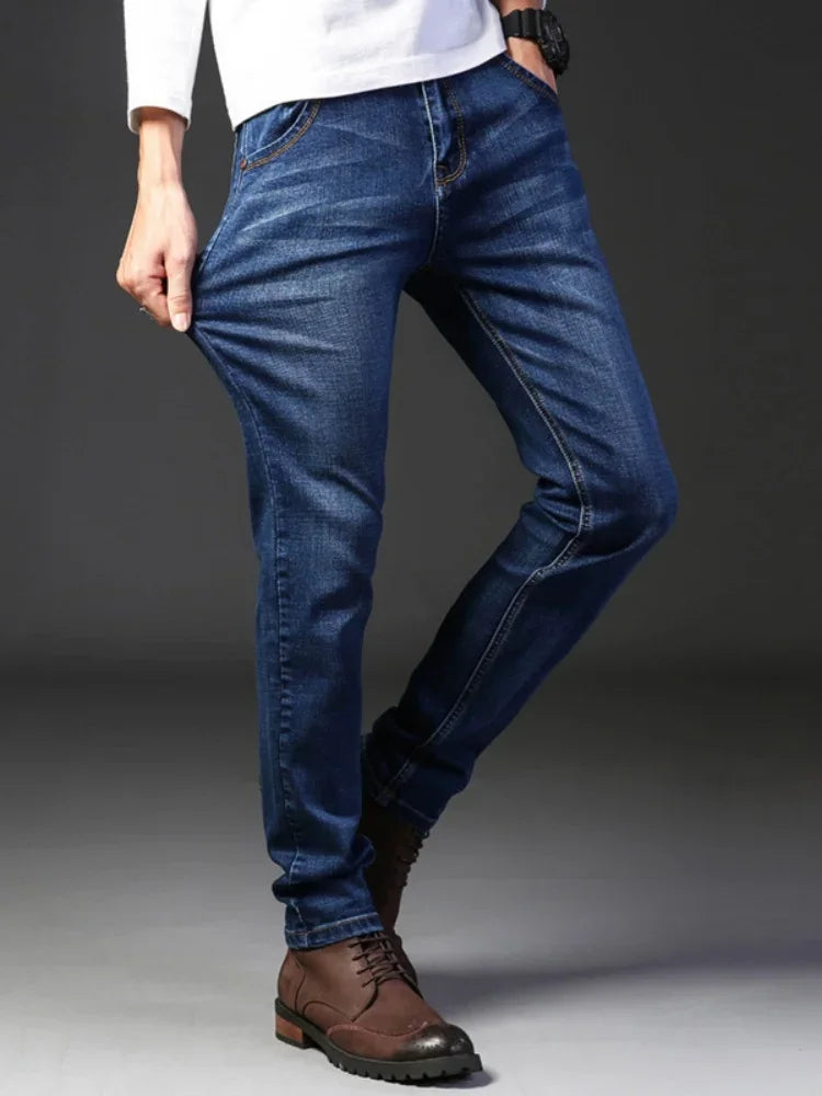 Men's Comfortable Soft Business Casual Denim Trousers Slim Fit Straight Pants Fashion Male Brand Light Luxury Stretch Clothing - You Offer
