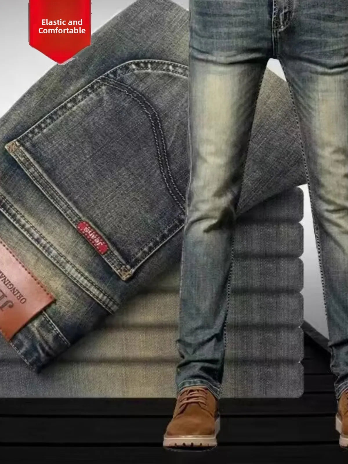 High-End Retro Men's Slim Fit Straight Leg Stretchy Faionable Jeans Spring Autumn Long Trousers Cotton Stretch Denim mid Wa...