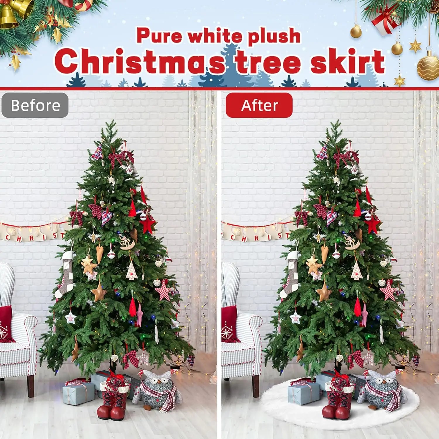 78/120cm White Faux Fur Tree Skirt Plush Carpet Mat for Christmas Tree 2026 Xmas Decoration Holiday New Year Ornament Home Decor