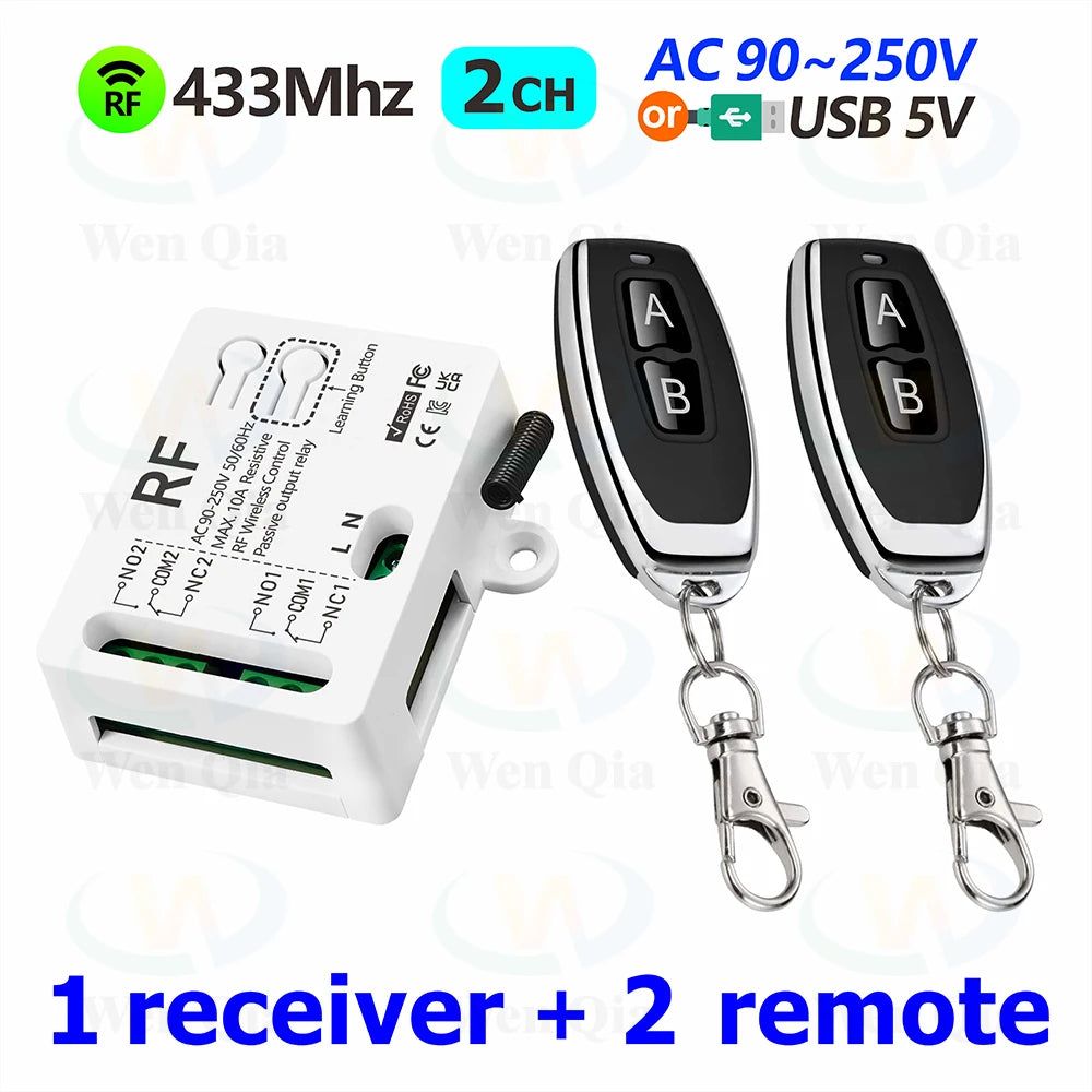 433MHz Universal Wireless Remote Control Switch 2 CH,AC 110V 220V RF Relay Receiver,for Light/Fan/Motor/Garage Door Opener etc
