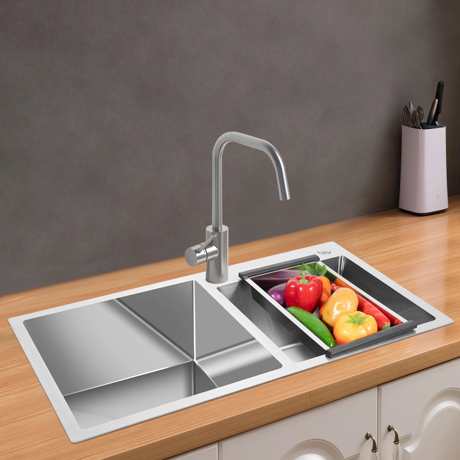 Double Basin Stainless Steel Sink w/ Drainer 30L+23L Capacity 201 Grade, Bathroom Kitchen Accessories Household Items - You Offer