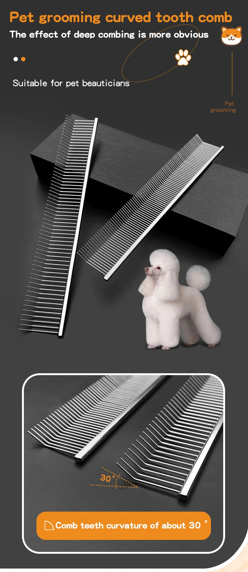 Pet grooming comb with curved hook, deep hair picking and fluffy texture, pet trainer beauty, curved teeth comb
