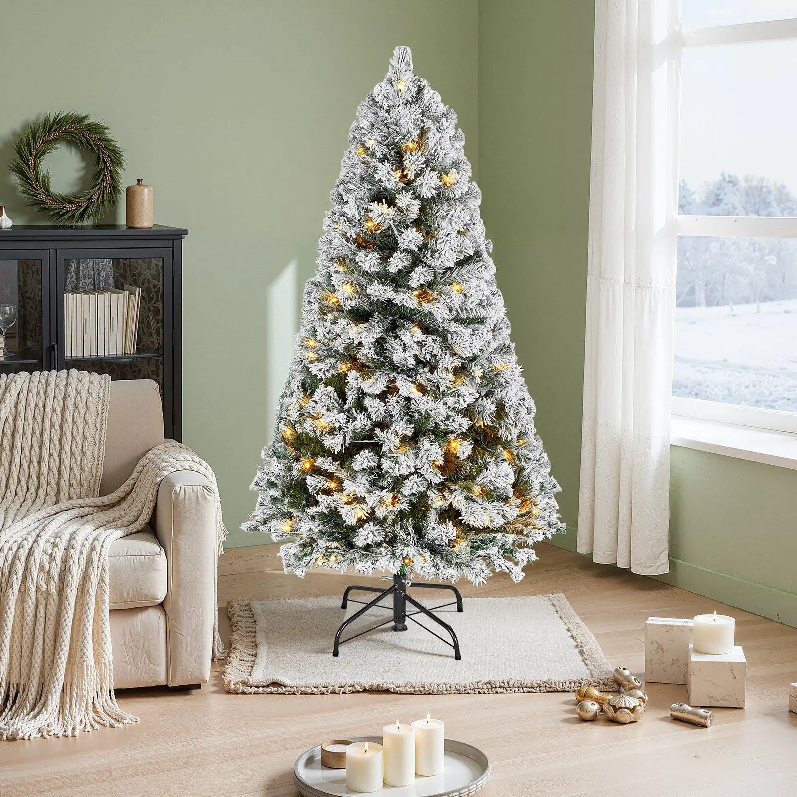 4ft Prelit Flocked Christmas Tree with 120 Warm White LEDs & 8 Modes, Full Artificial Xmas Tree for Home Office Party Decor