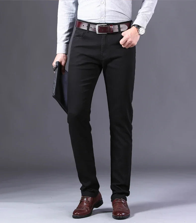 Men's Jeans Pure White Fashion Elastic Slim Youth Slimming Straight Leg Male Pants Business Casual Middle Age High End Trousers - You Offer