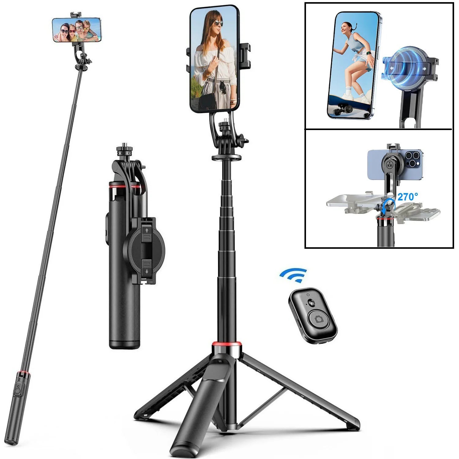 Magnetic Selfie Stick for iPhone Phone Camera 51" Extendable Magsafe Tripod Selfie Stick with Remote for Travel Vlog Videos